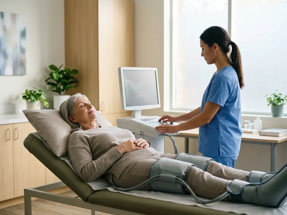 A patient receiving an enhanced external counterpulsation treatment in a clinic.