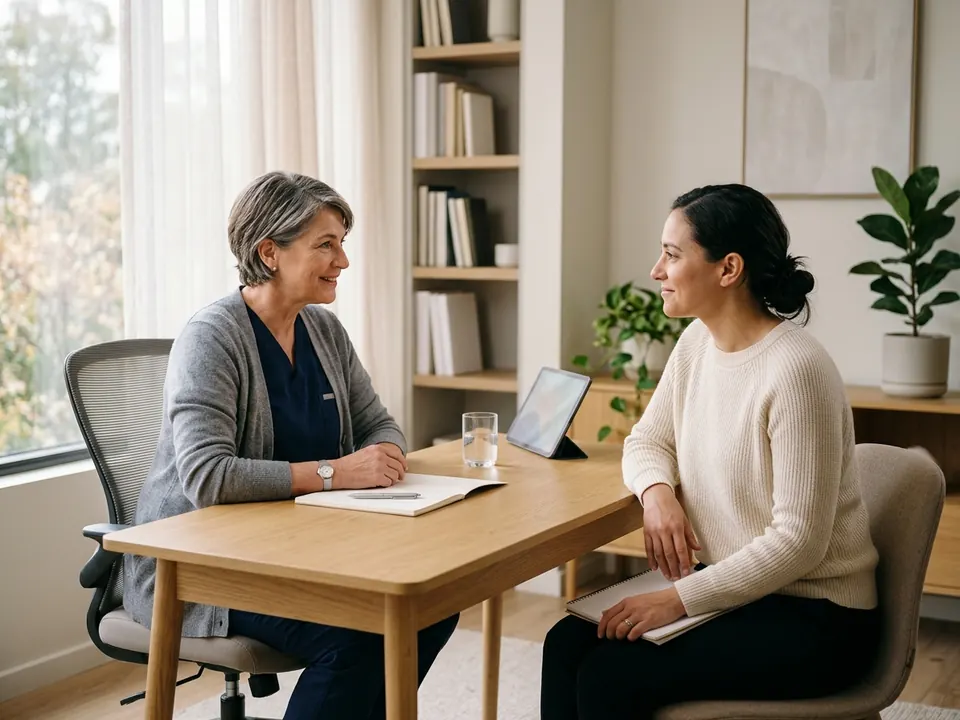 A fertility doctor consulting warmly with an adult patient in a cozy medical office.