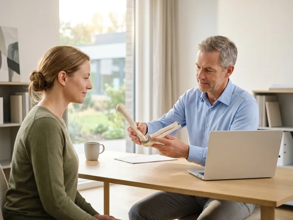 An orthopedic specialist showing an elbow joint prosthesis model to a patient.