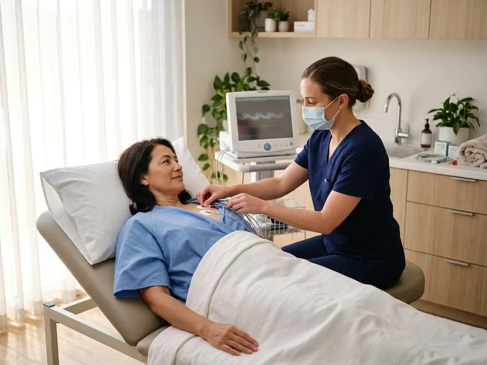 A medical technician preparing EKG equipment beside a patient in a bright room.