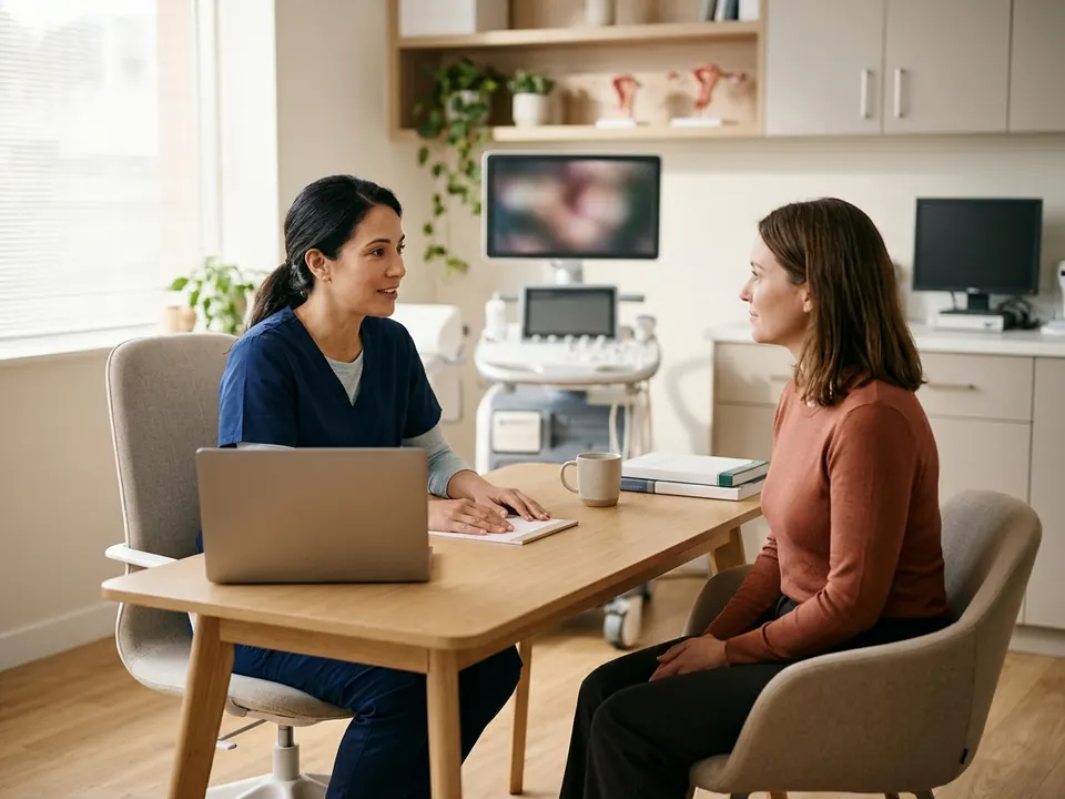 A specialist discussing care options with a female patient in a quiet medical office.