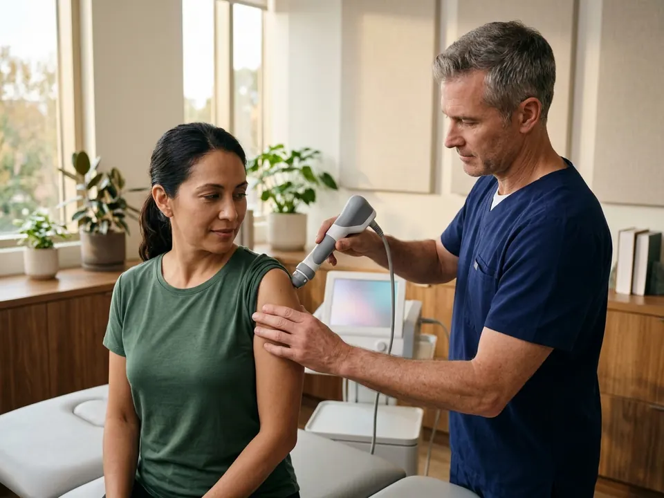 An orthopedic therapist applying extracorporeal shockwave therapy to a patient's shoulder.