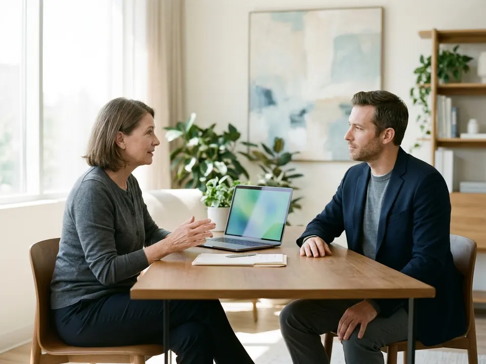 A doctor reviewing health checkup results with a professional in an office.