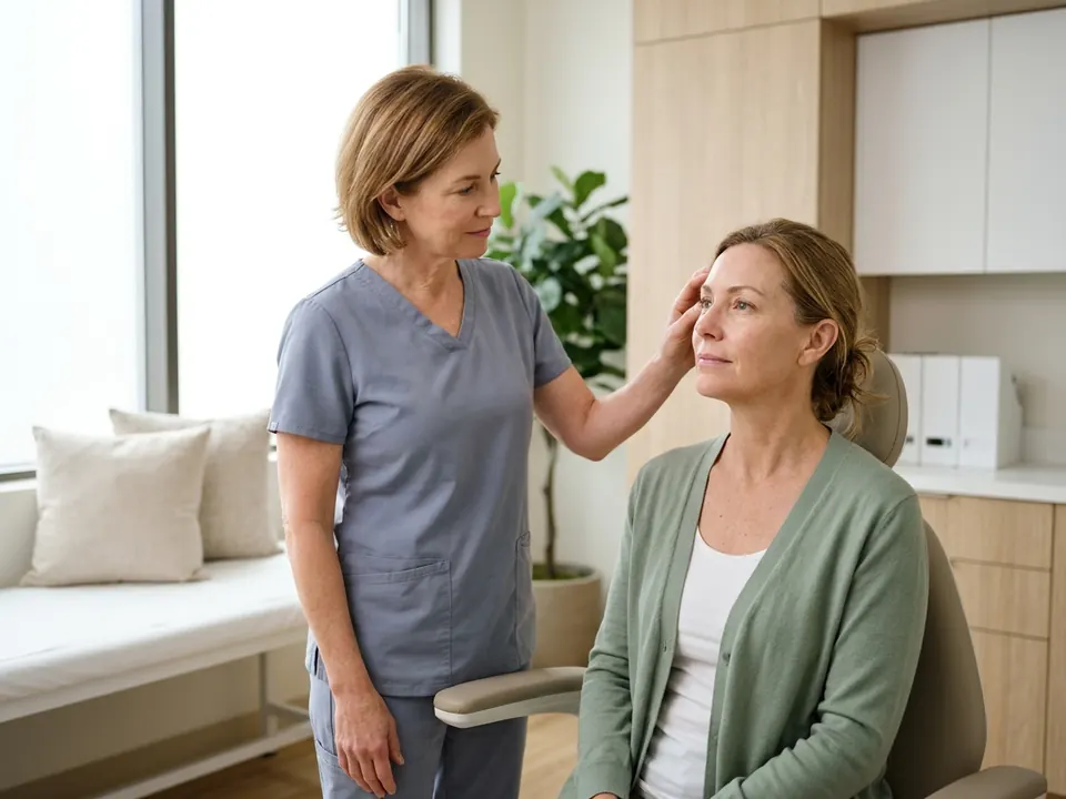 A plastic surgeon examining a patient's eye area during a facial consultation.