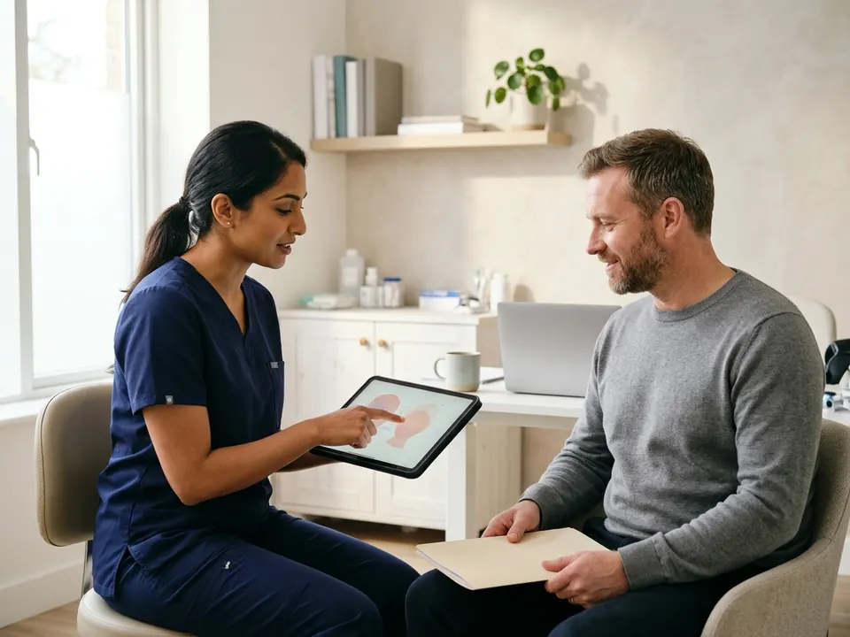 A facial plastic surgeon reviewing facial structure plans with a seated patient in a bright office.