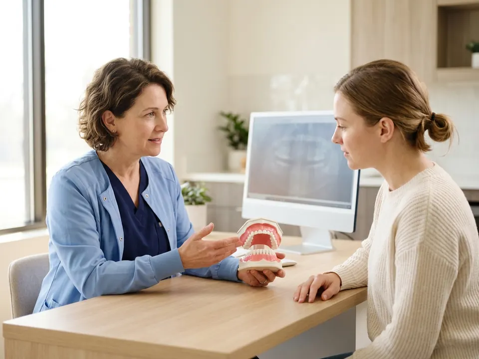 A periodontist pointing at a jaw model while consulting with a patient in a dental office.
