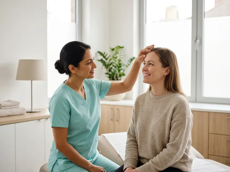 A cosmetic doctor examining a patient's upper face during a clinical exam.