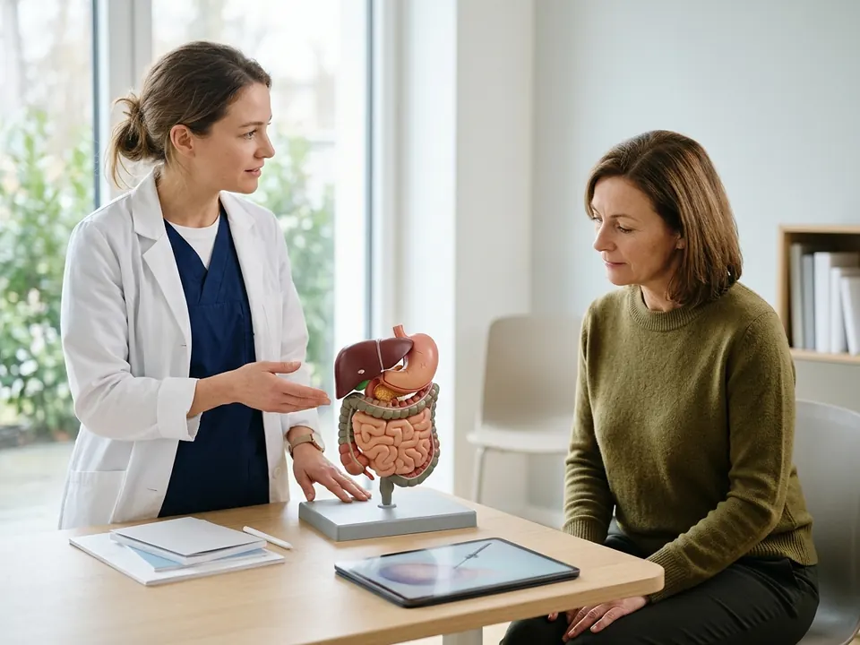 A general surgeon explaining laparoscopic surgery using an anatomical model to a patient.