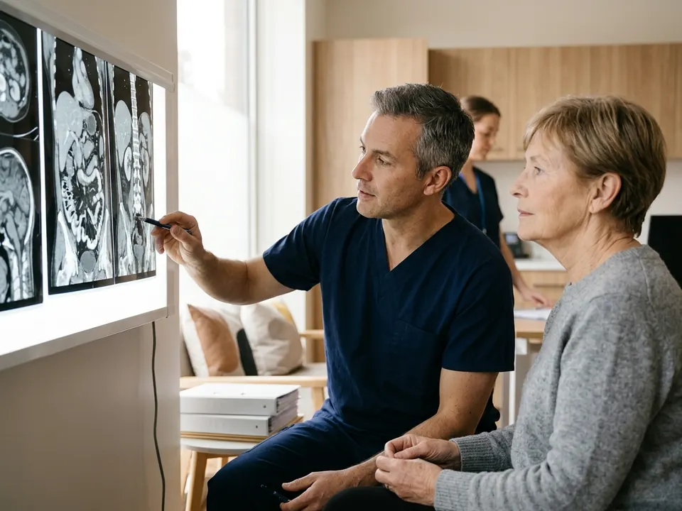 A surgeon reviewing abdominal scans during a consultation with a patient.