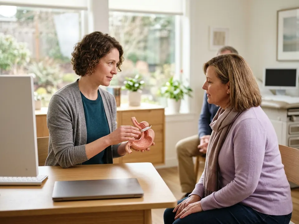 A doctor demonstrating a gastric band anatomical model during a patient consultation.