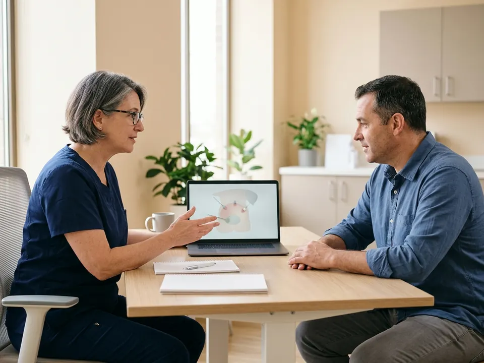 A bariatric specialist explaining a laparoscopic procedure to a patient in an office.