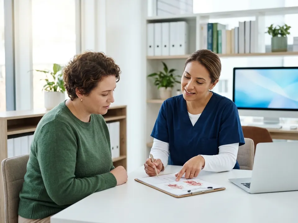 A bariatric surgeon discussing a procedure plan with a patient in a consultation room.