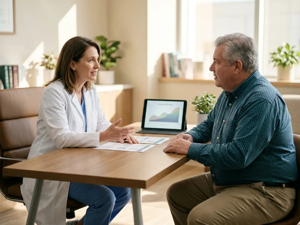 A bariatric surgeon reviewing lifestyle and nutrition goals with a patient in an office.