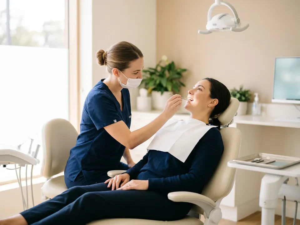 A dentist performing a routine oral examination on a patient in a modern dental office.