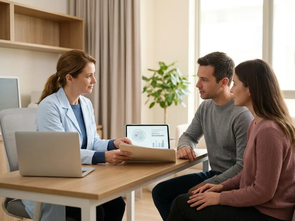 An embryologist discussing treatment options with a couple in a modern medical office.
