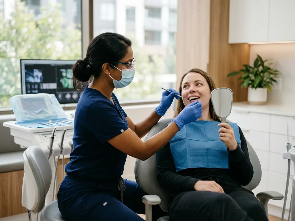 A periodontist examining a patient's gums and teeth in a dental clinic chair.