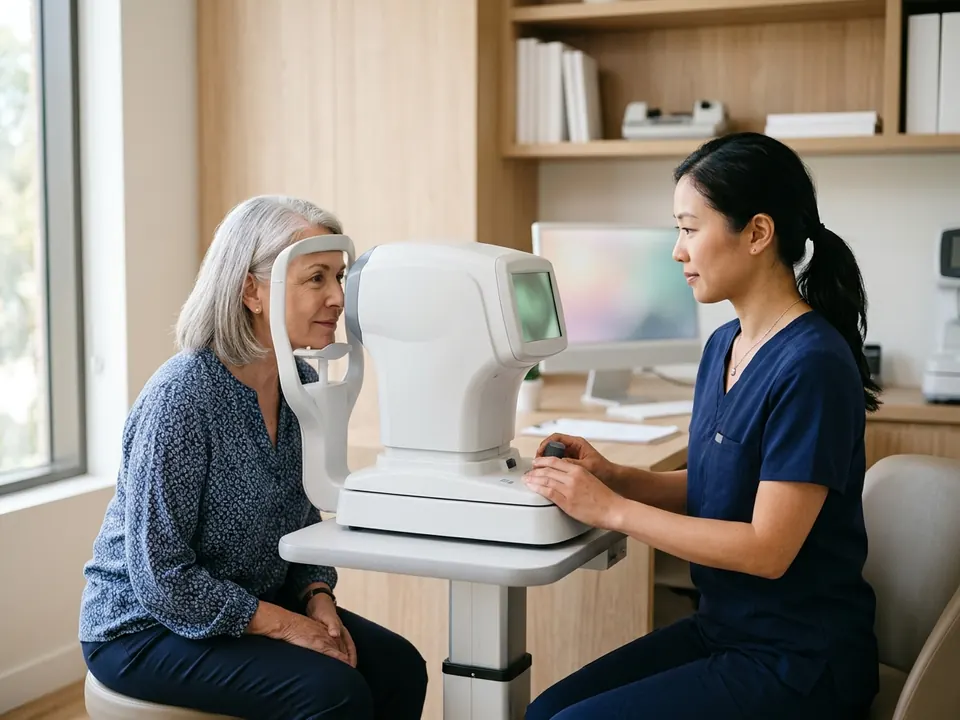 An eye specialist checking a patient's intraocular pressure using a non-contact tonometer instrument.