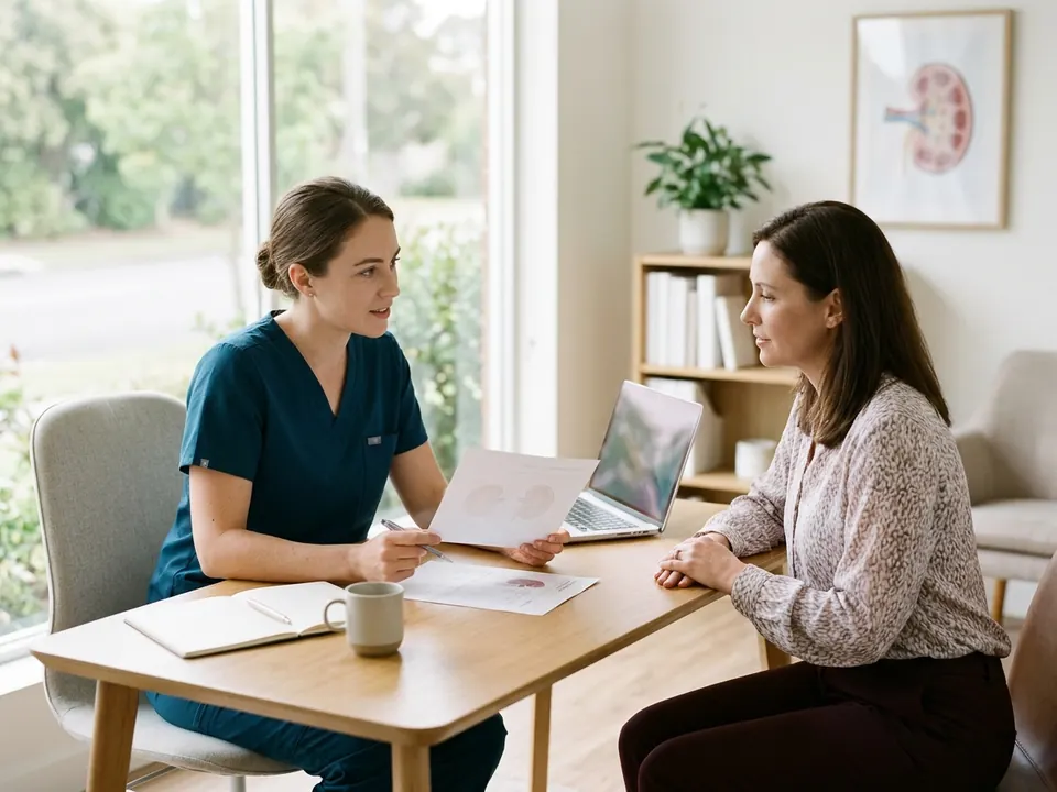 A nephrologist discussing kidney diagnostic reports with a patient during an appointment.
