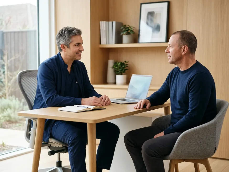 A male plastic surgeon consulting with a male patient in a private clinic room.