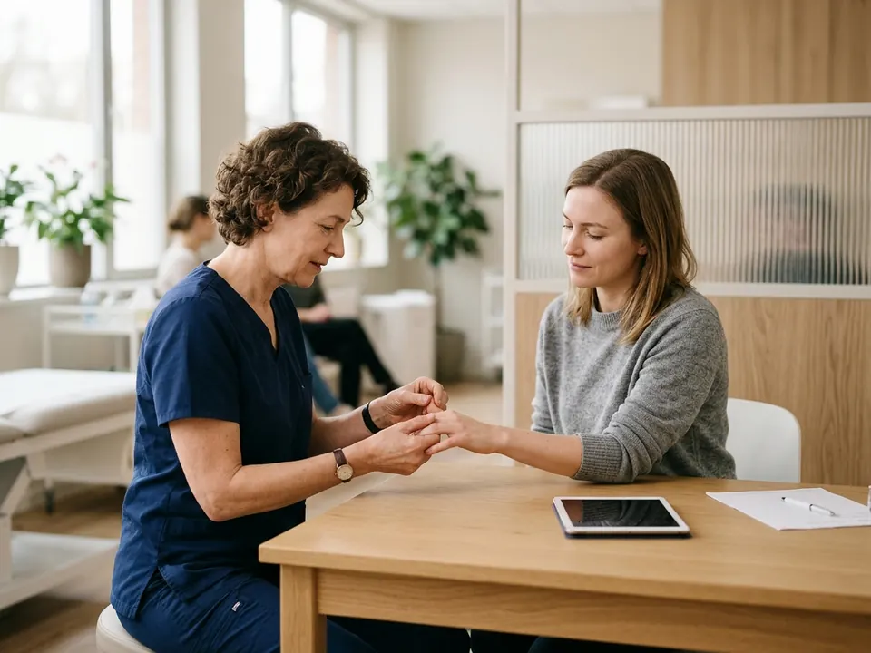 A hand specialist examining a patient's palm and fingers during an office consultation.