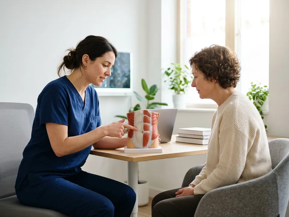 A general surgeon explaining an abdominal anatomical model to a patient in an office.
