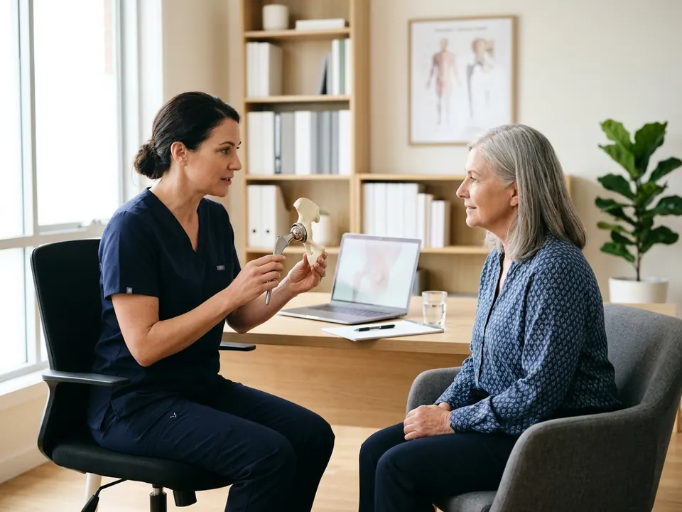An orthopedic doctor holding a modern artificial hip joint model with a patient seated nearby.