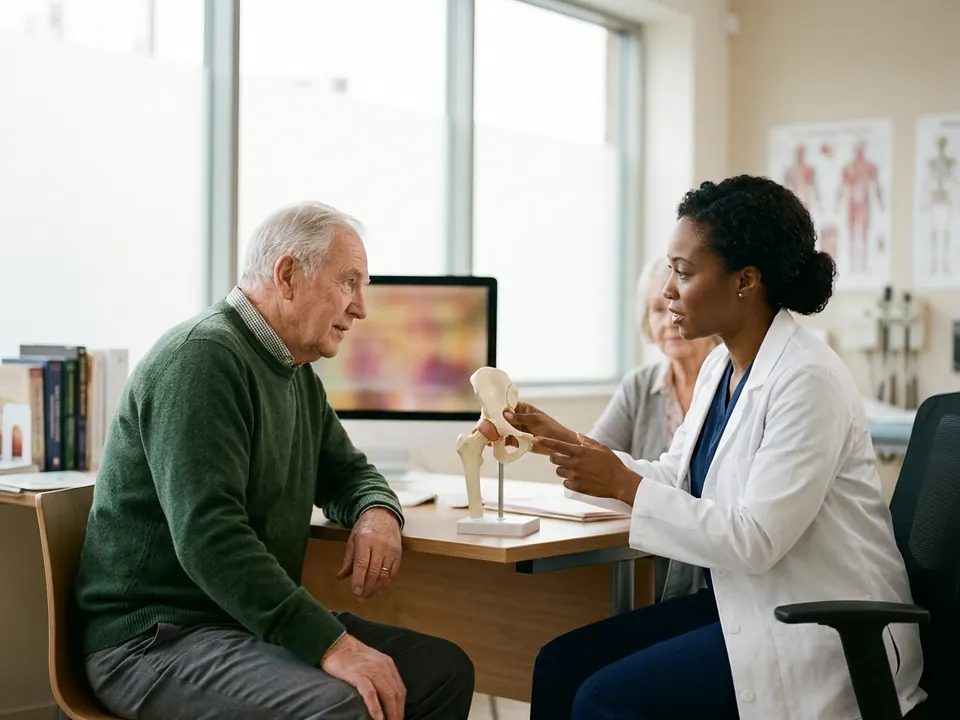 An orthopedic doctor holding an anatomical hip model while consulting with a patient.