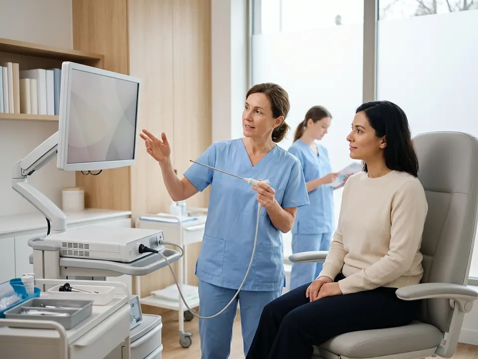 A gynecologist holding a thin diagnostic endoscope in an examination room.
