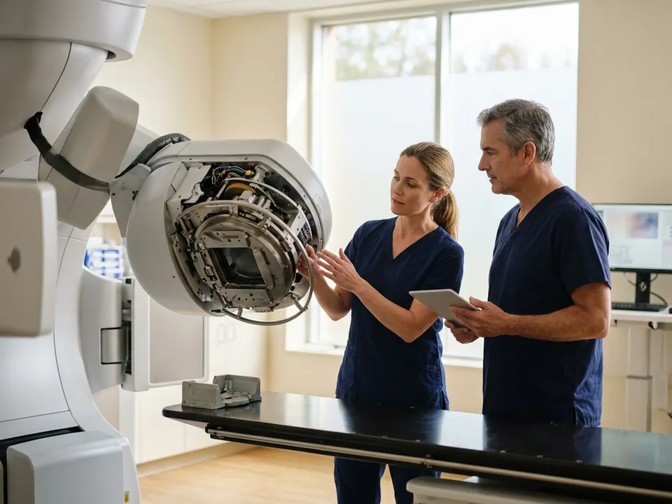 A medical professional inspecting a robotic radiosurgery unit in a modern room.