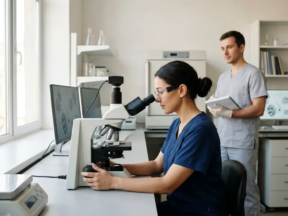 An embryologist working with a high-power microscope in an advanced fertility laboratory.