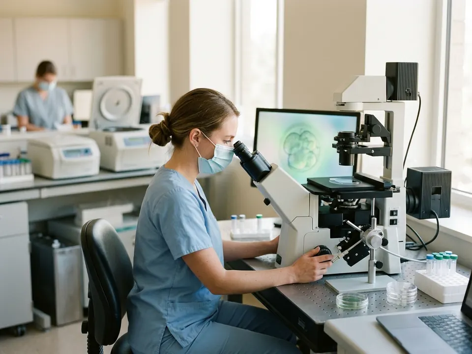 An embryologist working at a high-powered microscope in a clean fertility lab environment.