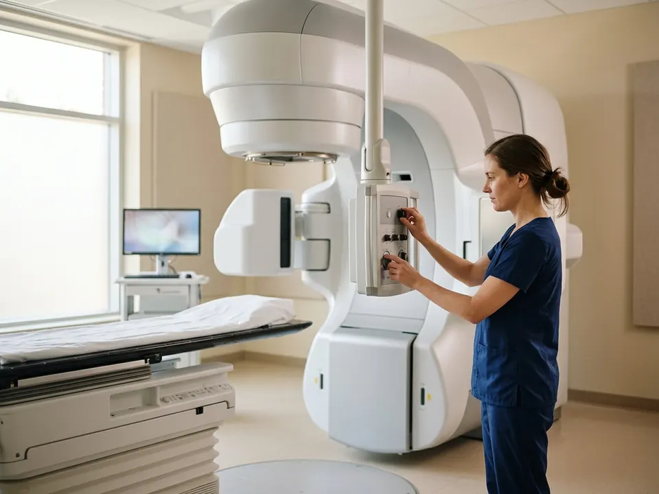 A radiation therapist preparing advanced linear accelerator machinery in a treatment bay.