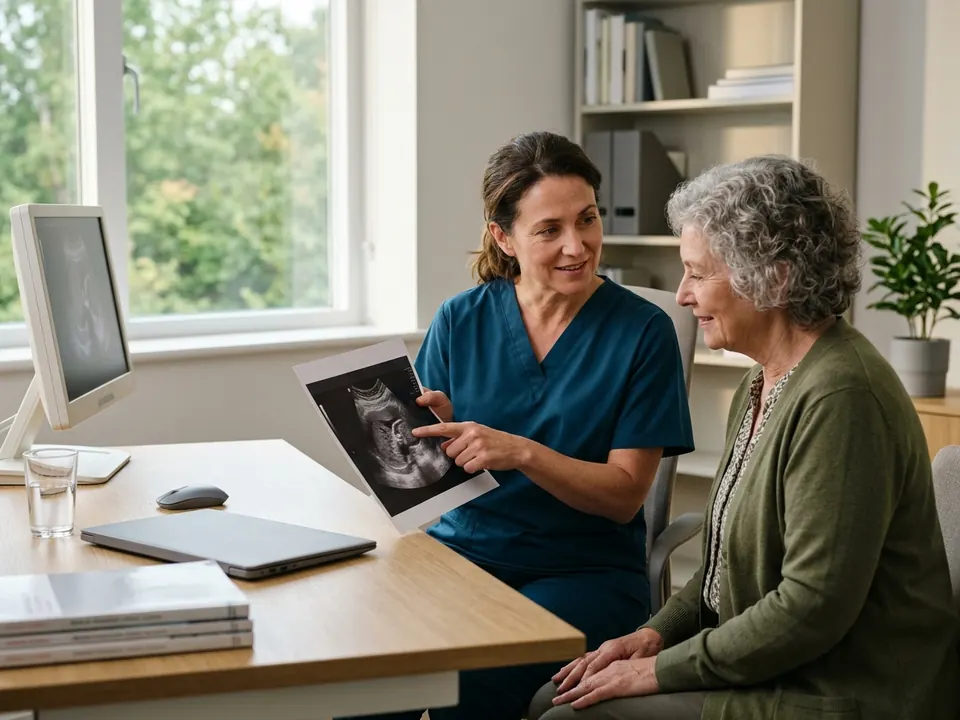 A doctor showing renal ultrasound scan results to a patient during a consultation.