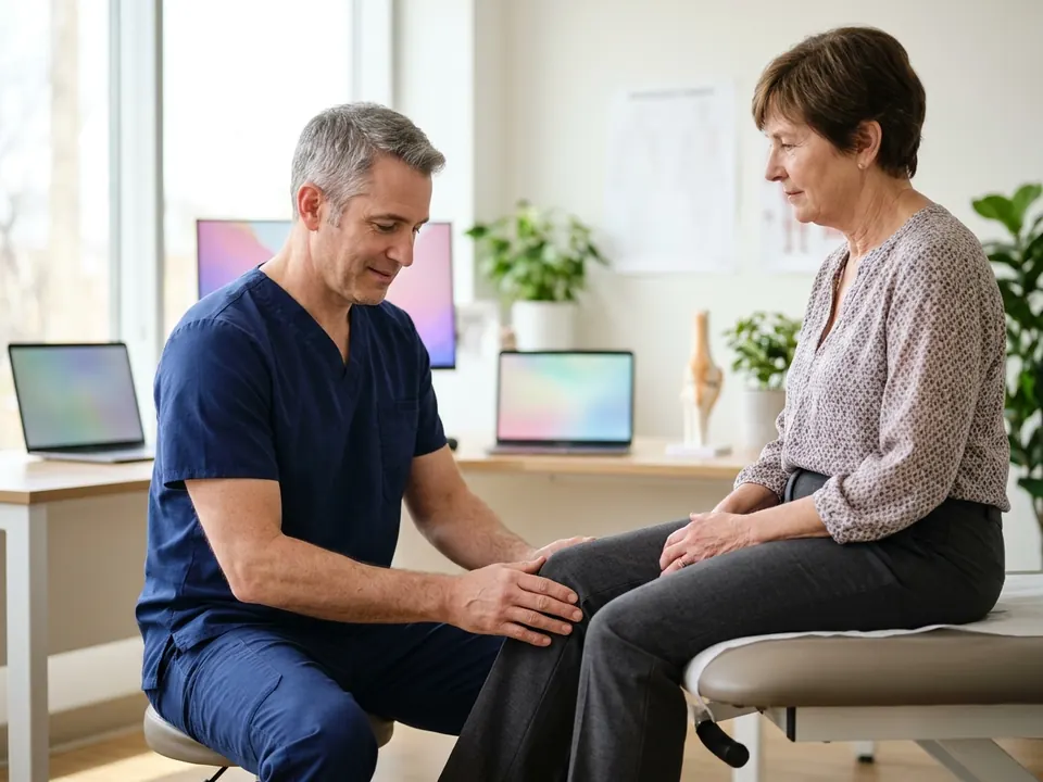 An orthopedic surgeon examining a patient's knee joint on a consultation table.