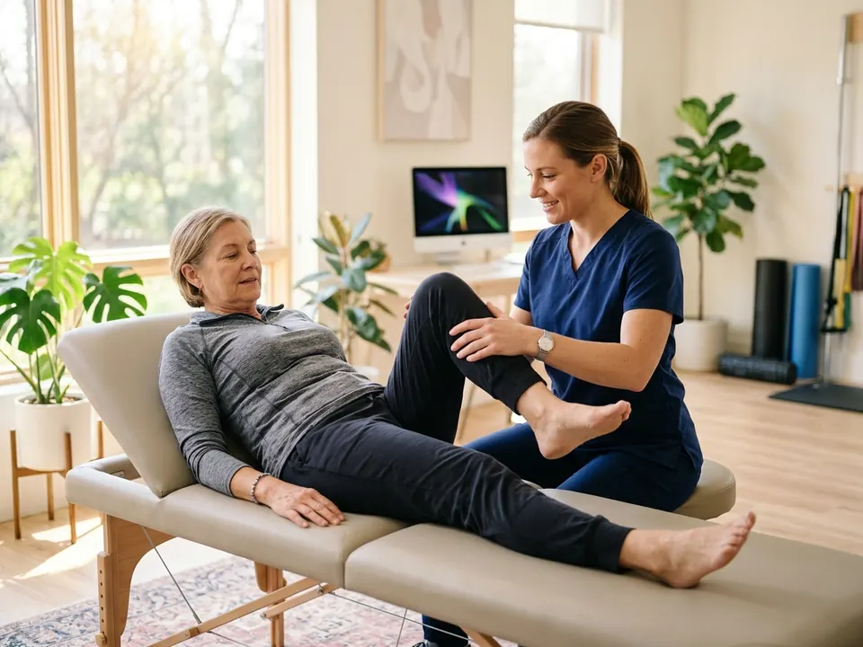 A physical therapist guiding a patient through gentle knee exercises in a bright rehab room.