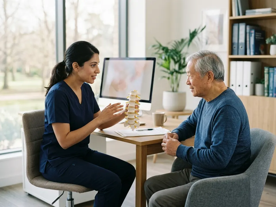 A neurosurgeon showing a spine model to a patient during an orthopedic consultation.