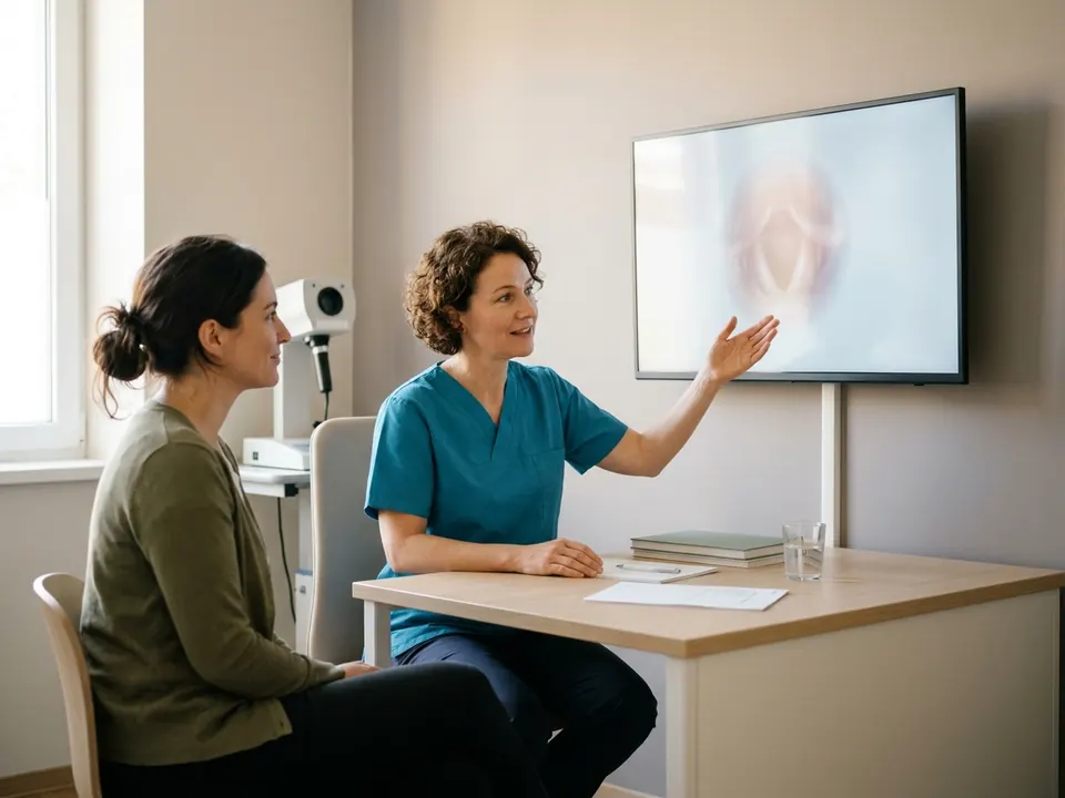A laryngologist consulting with a patient regarding vocal health in a clinic.
