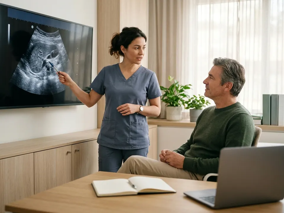 A urologist explaining renal scan results to a patient in a modern consultation office.