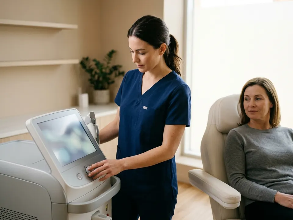 A clinician adjusting laser equipment prior to a cosmetic skin treatment in a modern medical clinic.