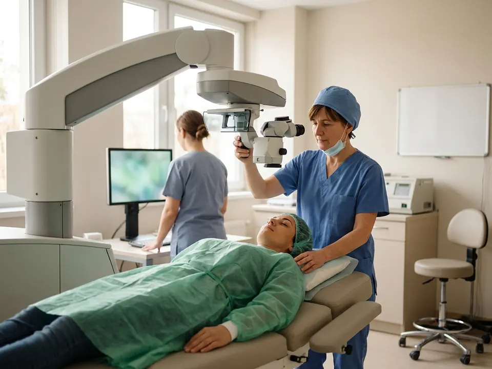 A patient positioned under modern refractive laser equipment in an eye care clinic.