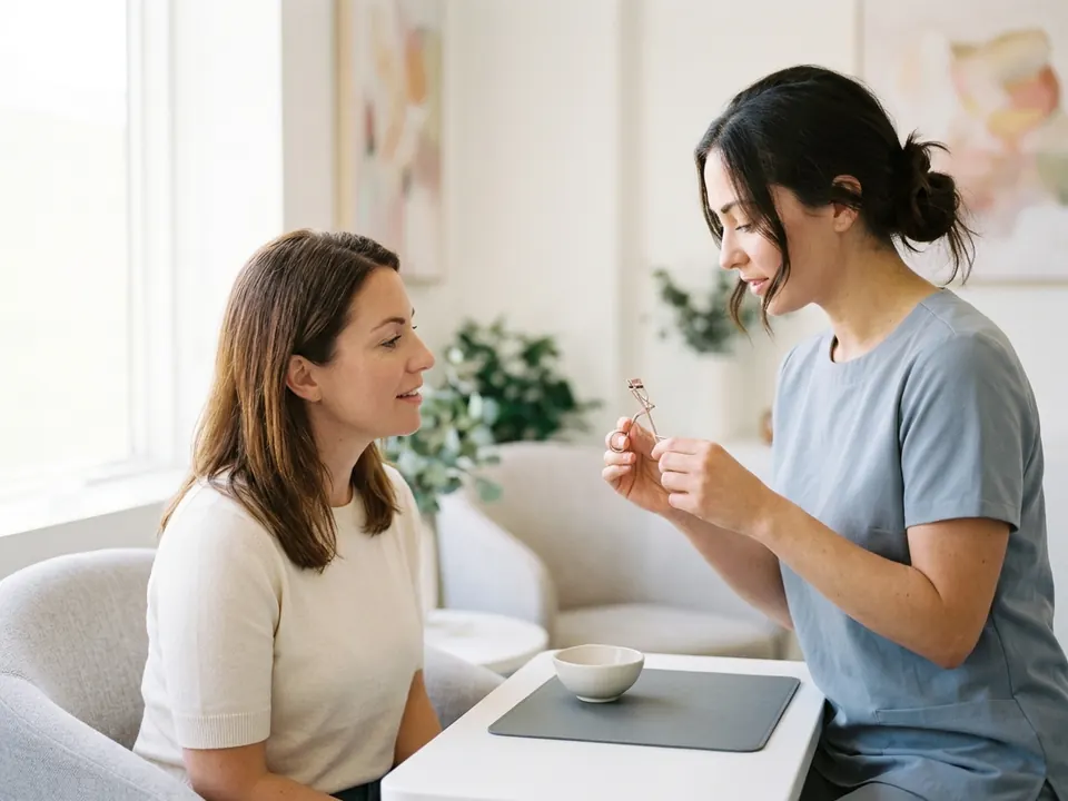 An aesthetic clinician explaining an eyelash treatment applicator to a client.