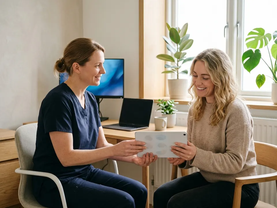 A clinician holding a consultation with a patient about aesthetic body treatment options.