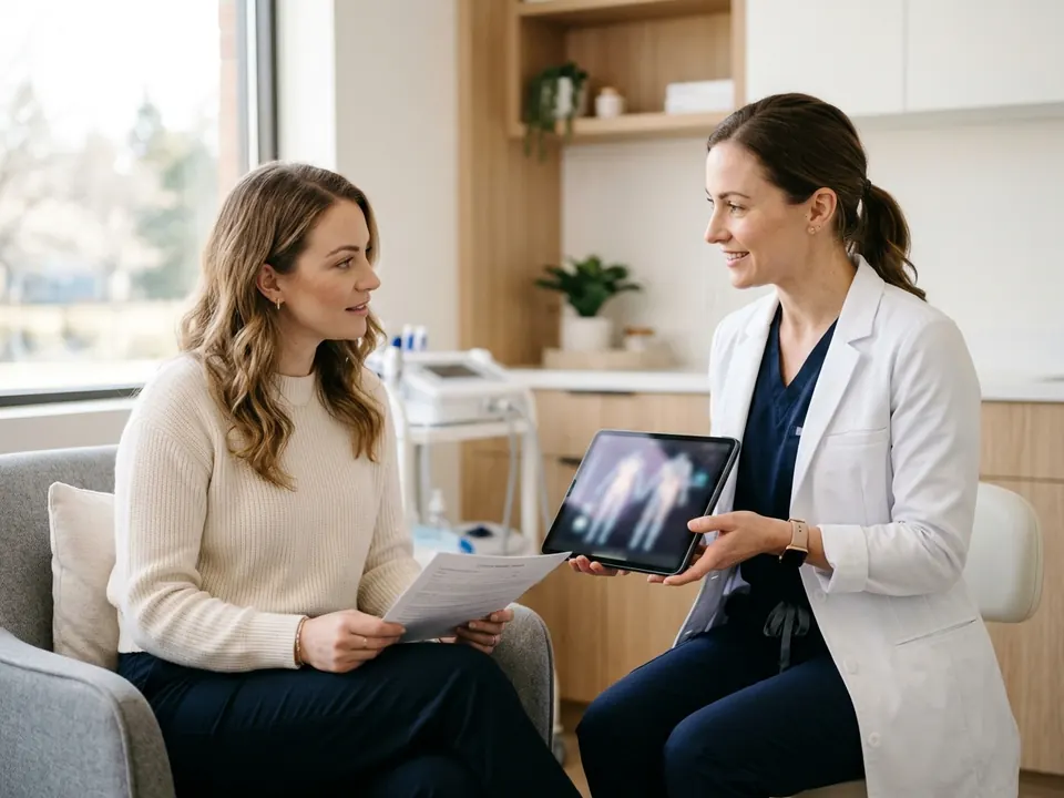 A cosmetic surgeon discussing body contouring options with a seated patient.