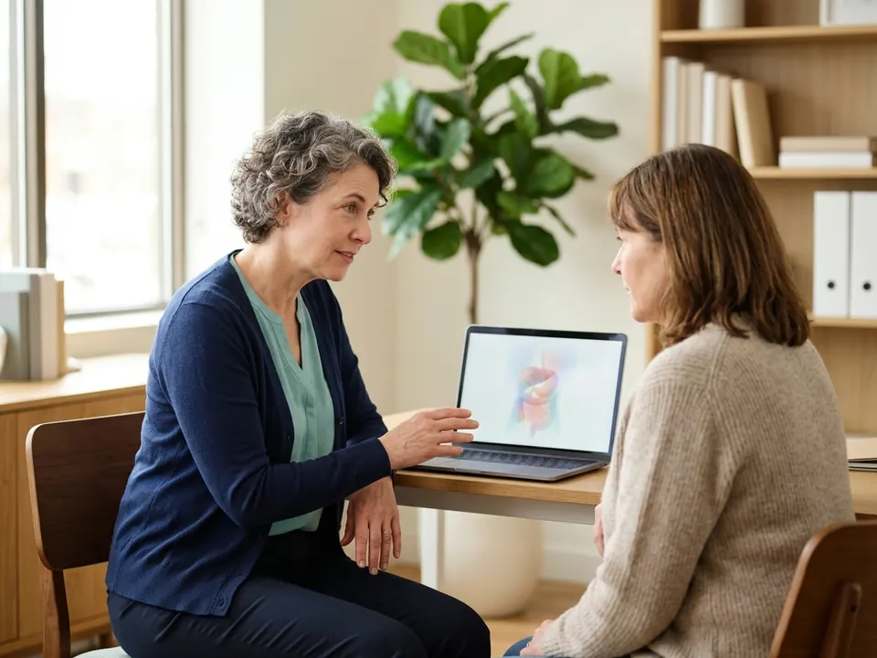An oncologist discussing treatment strategies with a patient in a medical office.