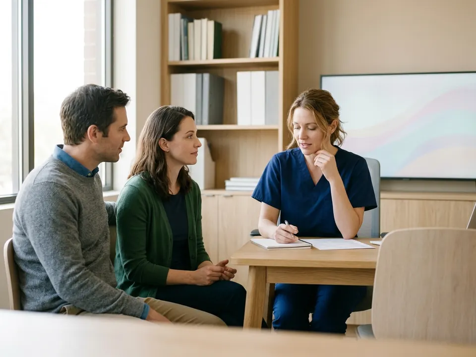 A fertility specialist speaking with a couple in a comfortable medical consultation room.
