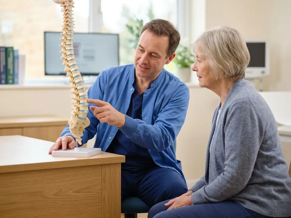 A neurosurgeon pointing to features on a spine model while talking with a patient.