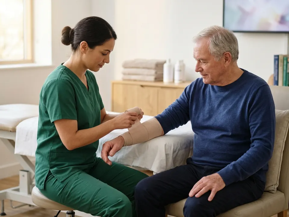 A specialist applying a compression bandage on a patient's arm in a clinic.