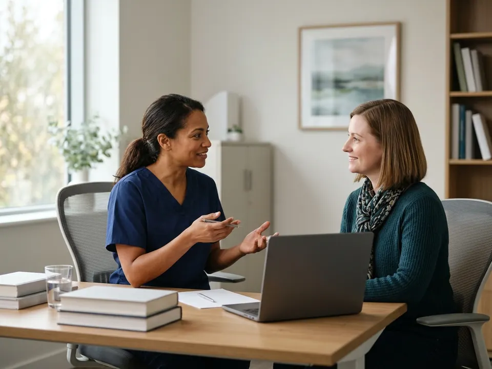 A breast surgeon holding a thoughtful consultation with a female patient in a modern office.