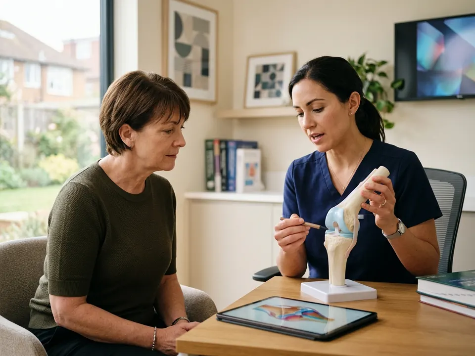 An orthopedic surgeon demonstrating knee joint anatomy with a model during a consultation.