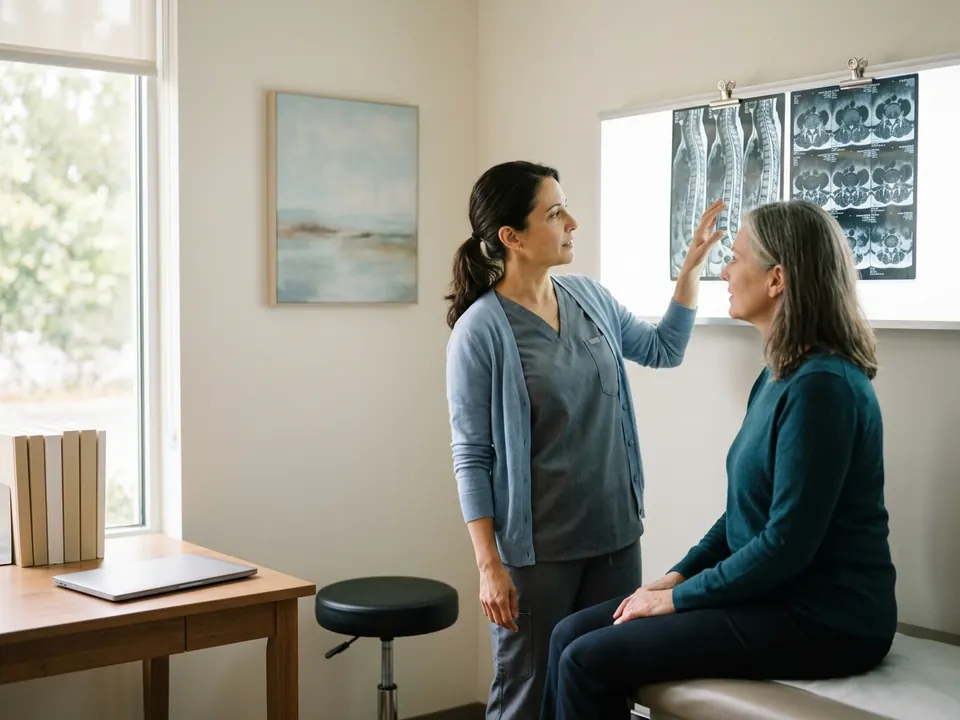 A spine specialist reviewing back MRI scans with a patient in a medical office.